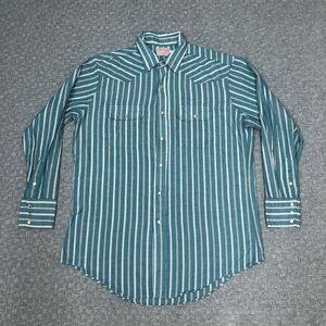 Vintage H Bar C Shirt Mens 16.5/33 Green Stripe Pearl Snap Western Long Tail